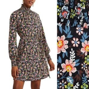 Boden Black Floral Mock Neck Tie-Waist Long Sleeve Jersey Shift Dress Size 2R